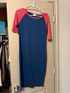 LuLaRoe Julia Dress XS Blue & Coral Colorblock Raglan Sleeve Stretch Dress